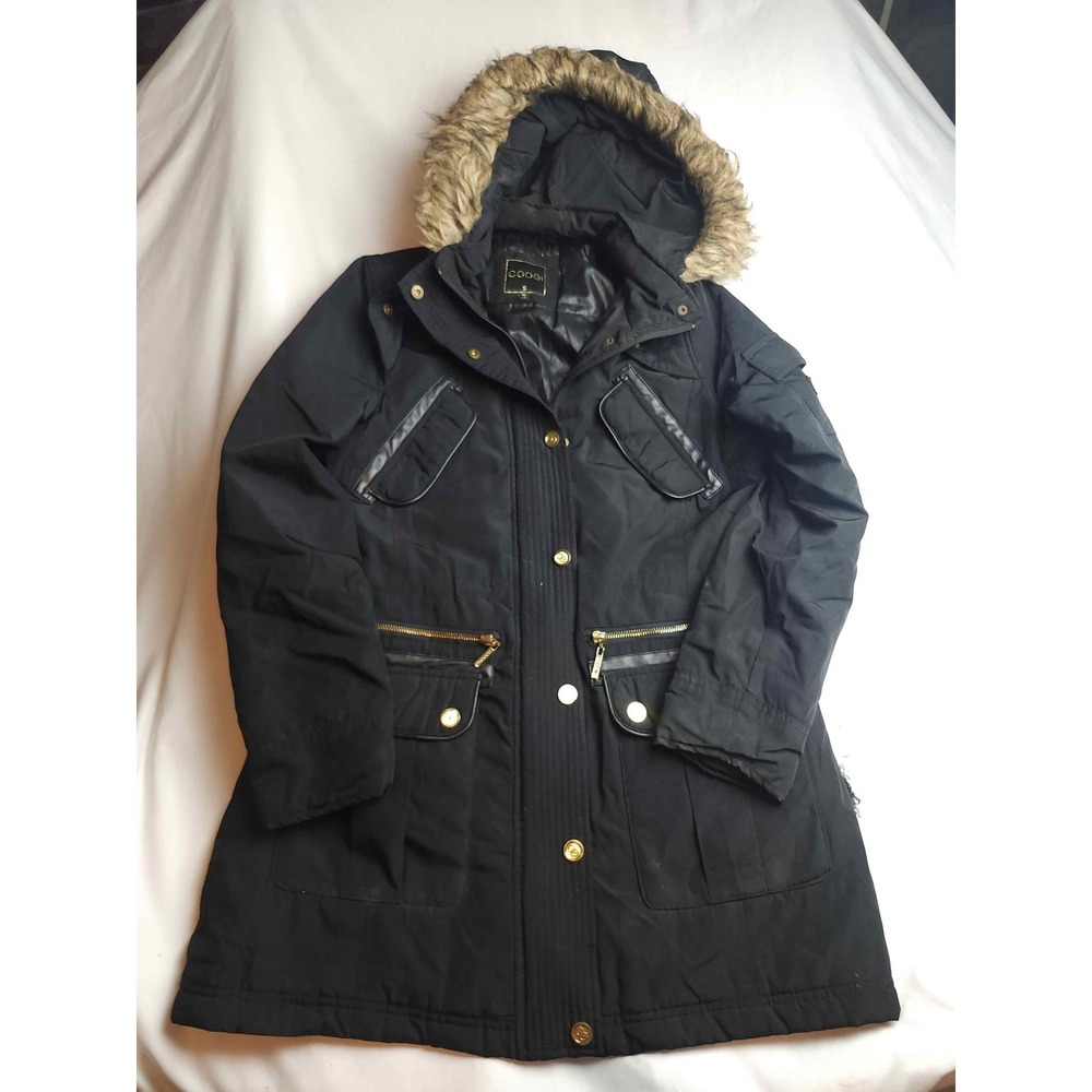 Coogi Australia Womens Black Parka Jacket Faux Fur Hood Gold Hardware Size S